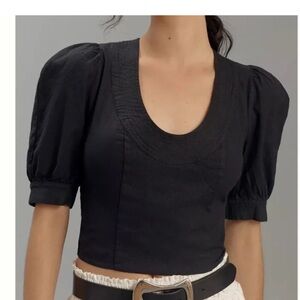 Anthropologie Black Puff Sleeve Crop Top SM